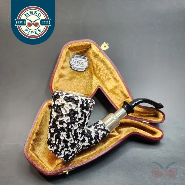 MBSD Meerschaum Black & White Block Meerschaum Pipe, Double Mounted Silver