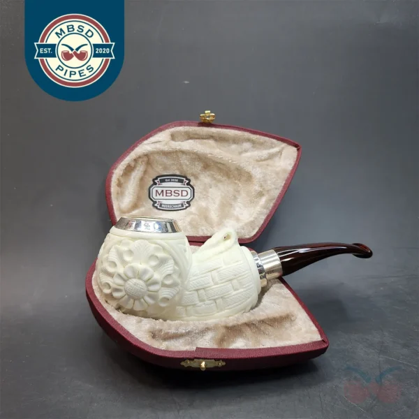 MBSD Meerschaum Spigot, Triple Mounted Silver Block Meerschaum Pipe, Fitted Case