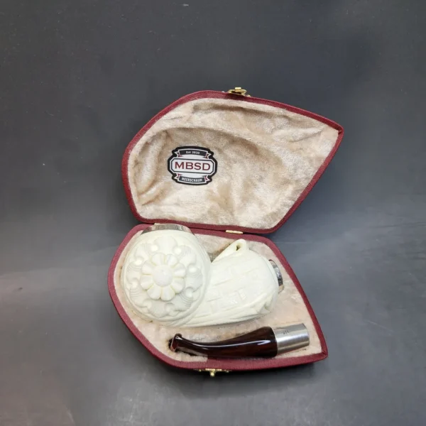 MBSD Meerschaum Spigot, Triple Mounted Silver Block Meerschaum Pipe, Fitted Case - Image 3