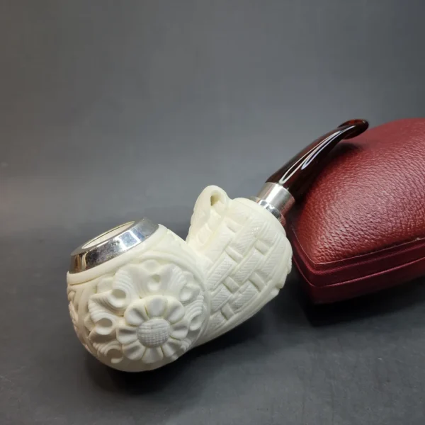 MBSD Meerschaum Spigot, Triple Mounted Silver Block Meerschaum Pipe, Fitted Case - Image 4