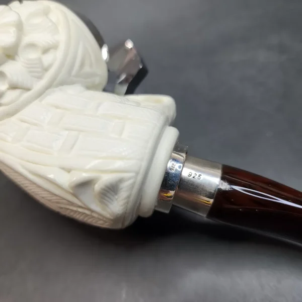 MBSD Meerschaum Spigot, Triple Mounted Silver Block Meerschaum Pipe, Fitted Case - Image 6