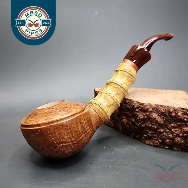 PapaBearPipes Sandblasted Bent Rhodesian w/ Bamboo Handmade Briar Pipe, New