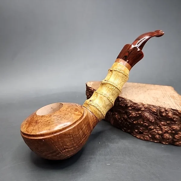 PapaBearPipes Sandblasted Bent Rhodesian w/ Bamboo Handmade Briar Pipe, New - Image 3