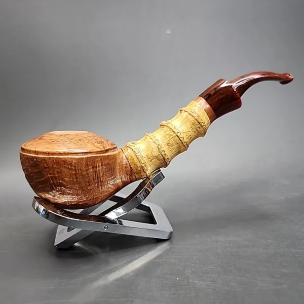 PapaBearPipes Sandblasted Bent Rhodesian w/ Bamboo Handmade Briar Pipe, New - Image 4