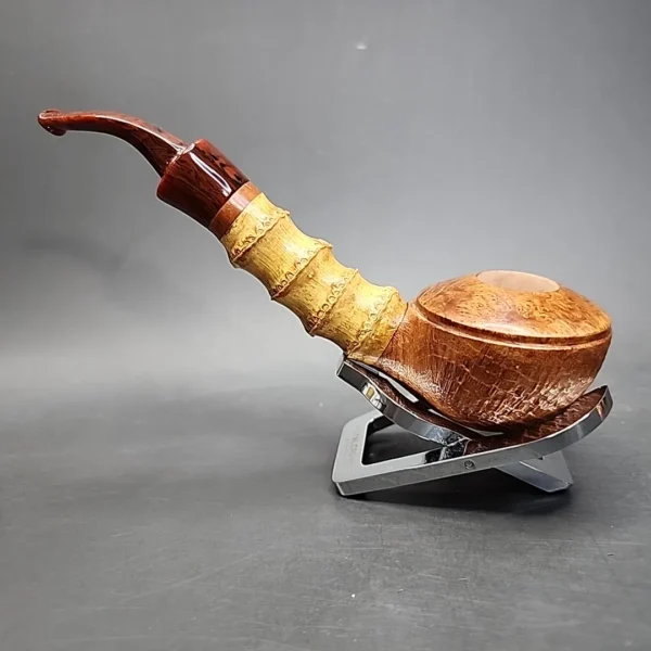 PapaBearPipes Sandblasted Bent Rhodesian w/ Bamboo Handmade Briar Pipe, New - Image 7