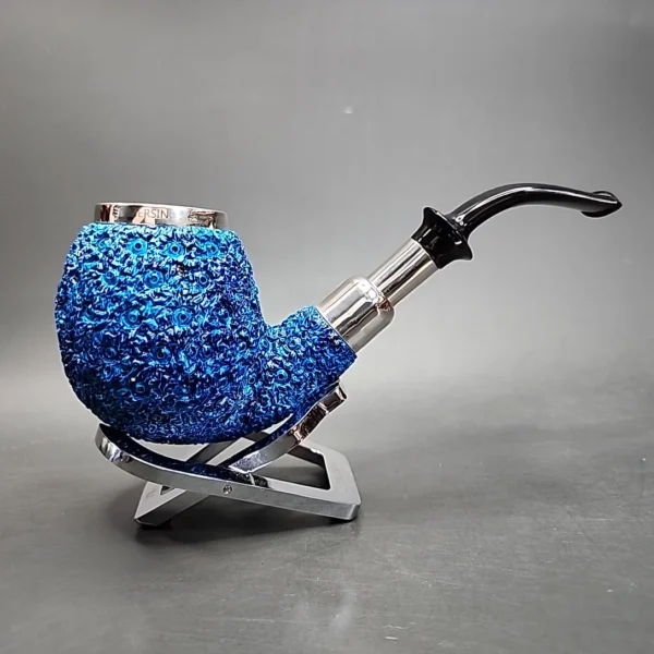 Blue Triple Mounted Silver Cap Block Meerschaum Pipe, New [SOLD] - Image 4