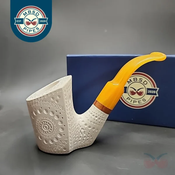 MBSD Meerschaum Deluxe Floral Sitter Block Meerschaum Pipe, Briar-Mortise