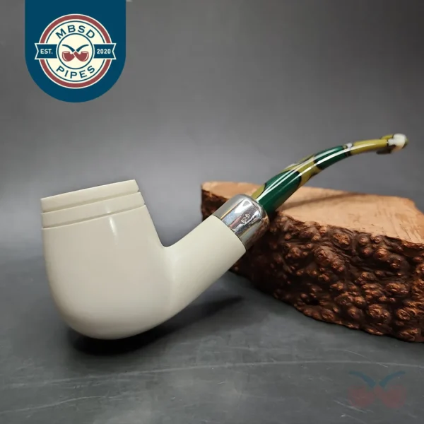 MBSD Meerschaum Deluxe Silver Bent Billiard Block Meerschaum Pipe, Briar-Mortise
