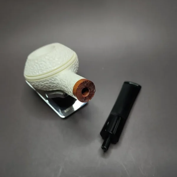 MBSD Meerschaum Deluxe Rusticated Squat Rhodesian Block Meerschaum Pipe, Briar-Mortise - Image 8