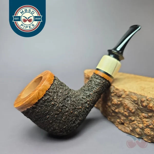 Preston Rogers Rusticated Billiard w/ Spalted Boxwood Handmade Briar Pipe, New