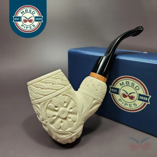 MBSD Meerschaum Deluxe Floral Barrel Block Meerschaum Pipe, Briar-Mortise, 9mm