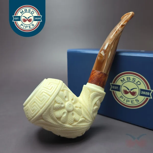 MBSD Meerschaum Deluxe Floral Rhodesian Block Meerschaum Pipe Briar-Mortise, 9mm