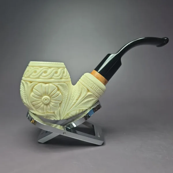 MBSD Meerschaum Deluxe Floral Egg Block Meerschaum Pipe, Briar-Mortise, 9mm - Image 3