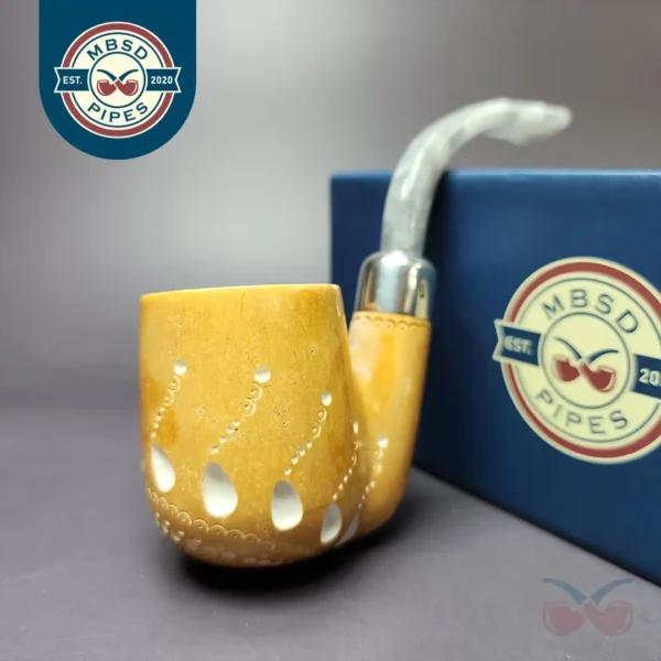 MBSD Meerschaum Silver Lattice Carved Oom Paul Block Meerschaum Pipe, New