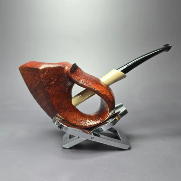 SU Pipes Sandblasted Speared Fish w/ Boxwood & Case Handmade Briar Pipe, New - Image 3