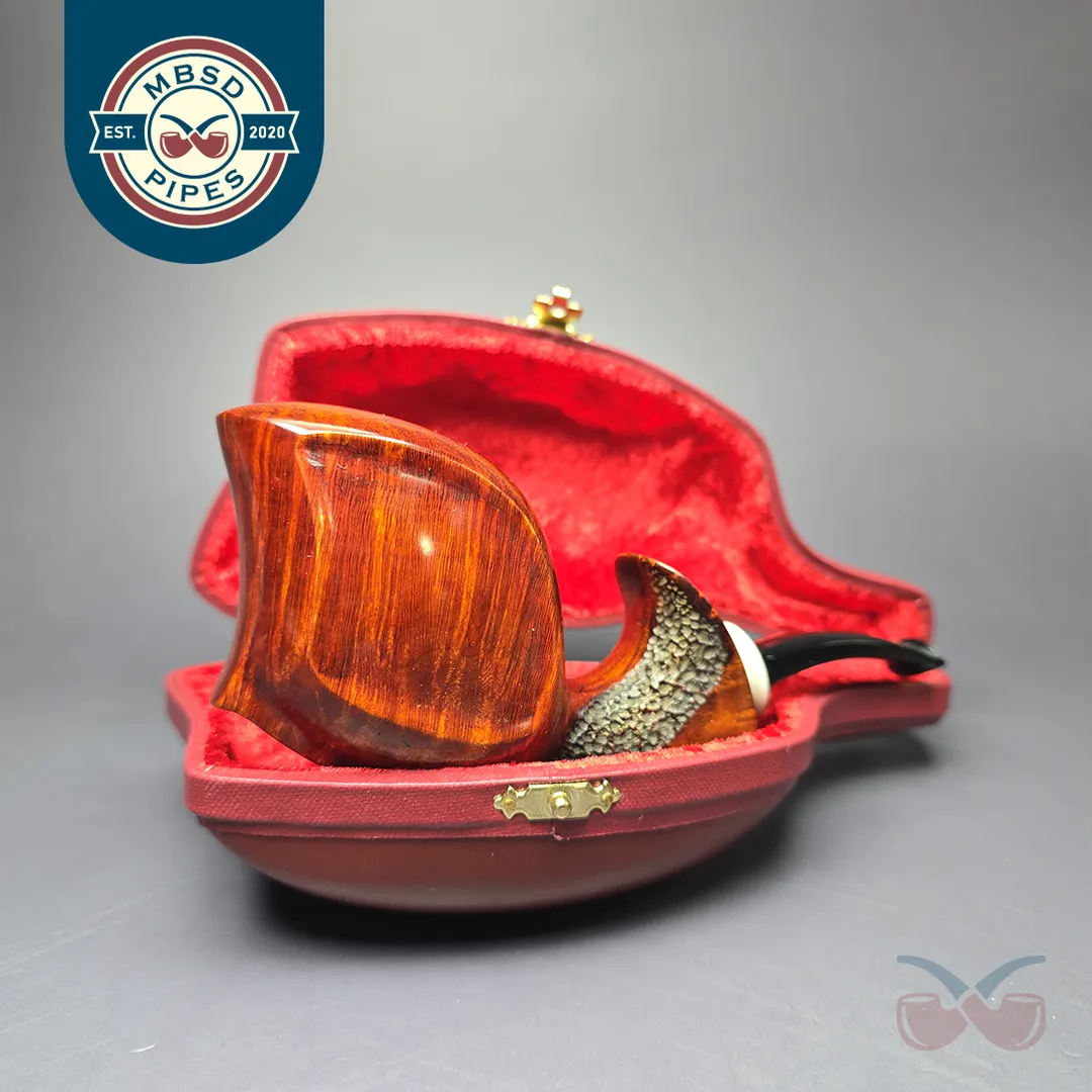 SU Pipes Partially Rusticated Panel Blowfish w/ Horn Handmade Briar Pipe, New