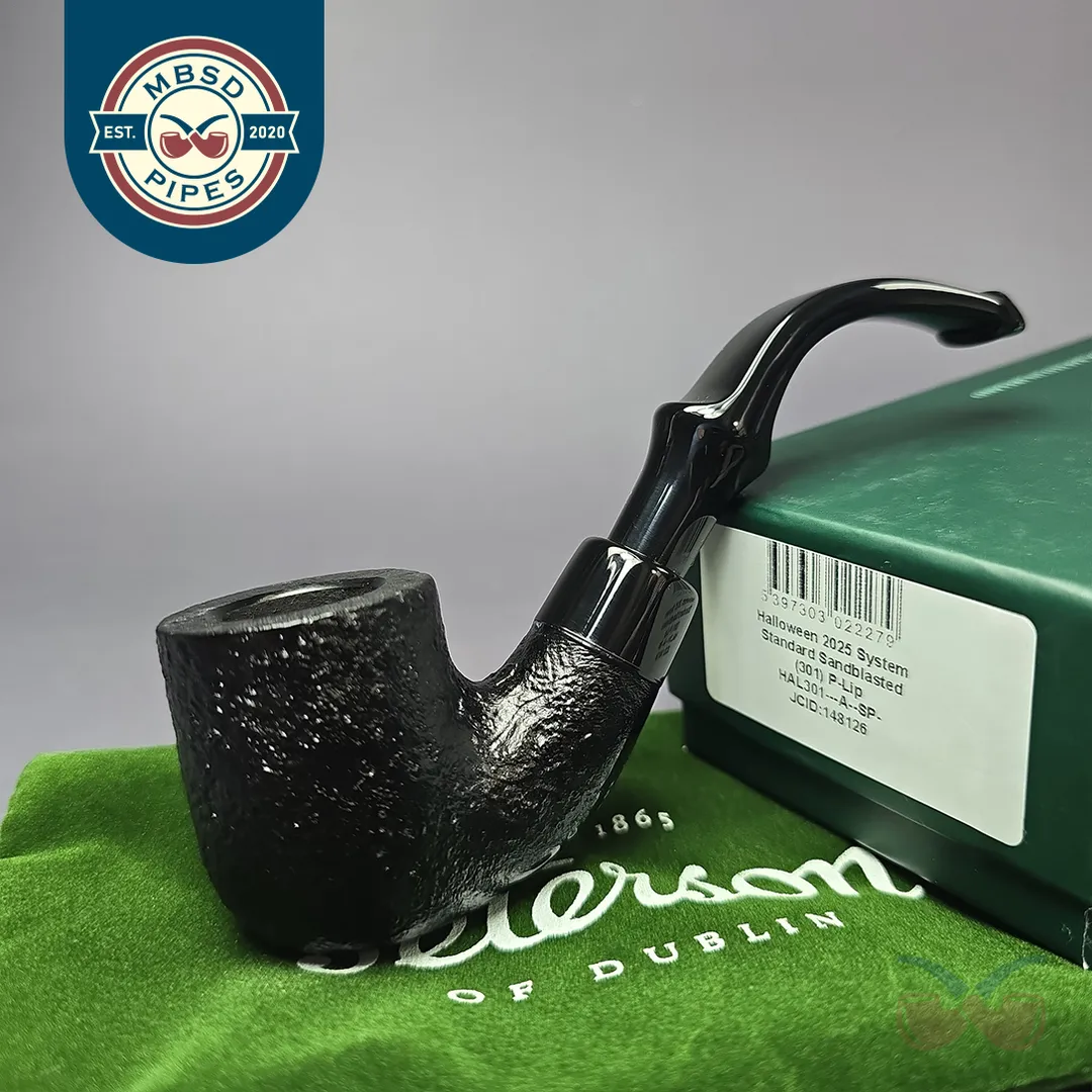 Peterson 2025 Halloween Pipe 301 Sandblasted Bent Pot Briar Pipe, P-Lip, New