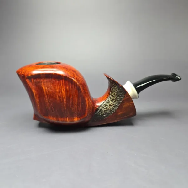 SU Pipes Partially Rusticated Panel Blowfish w/ Horn Handmade Briar Pipe, New - Image 3