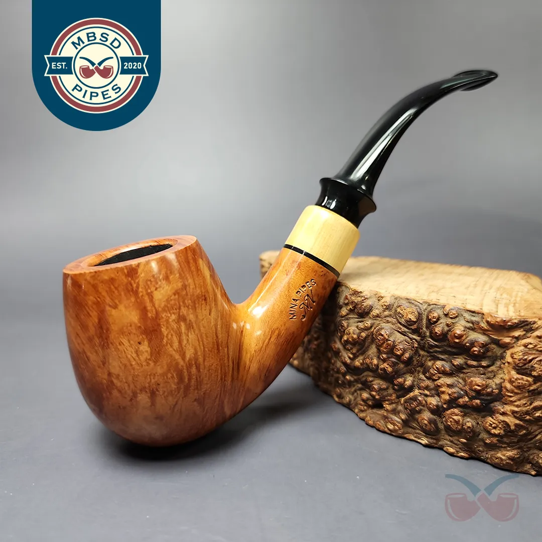 Mina Pipes Smooth Bent Billiard w/ Boxwood Estate Briar Pipe, Unsmoked, 9mm