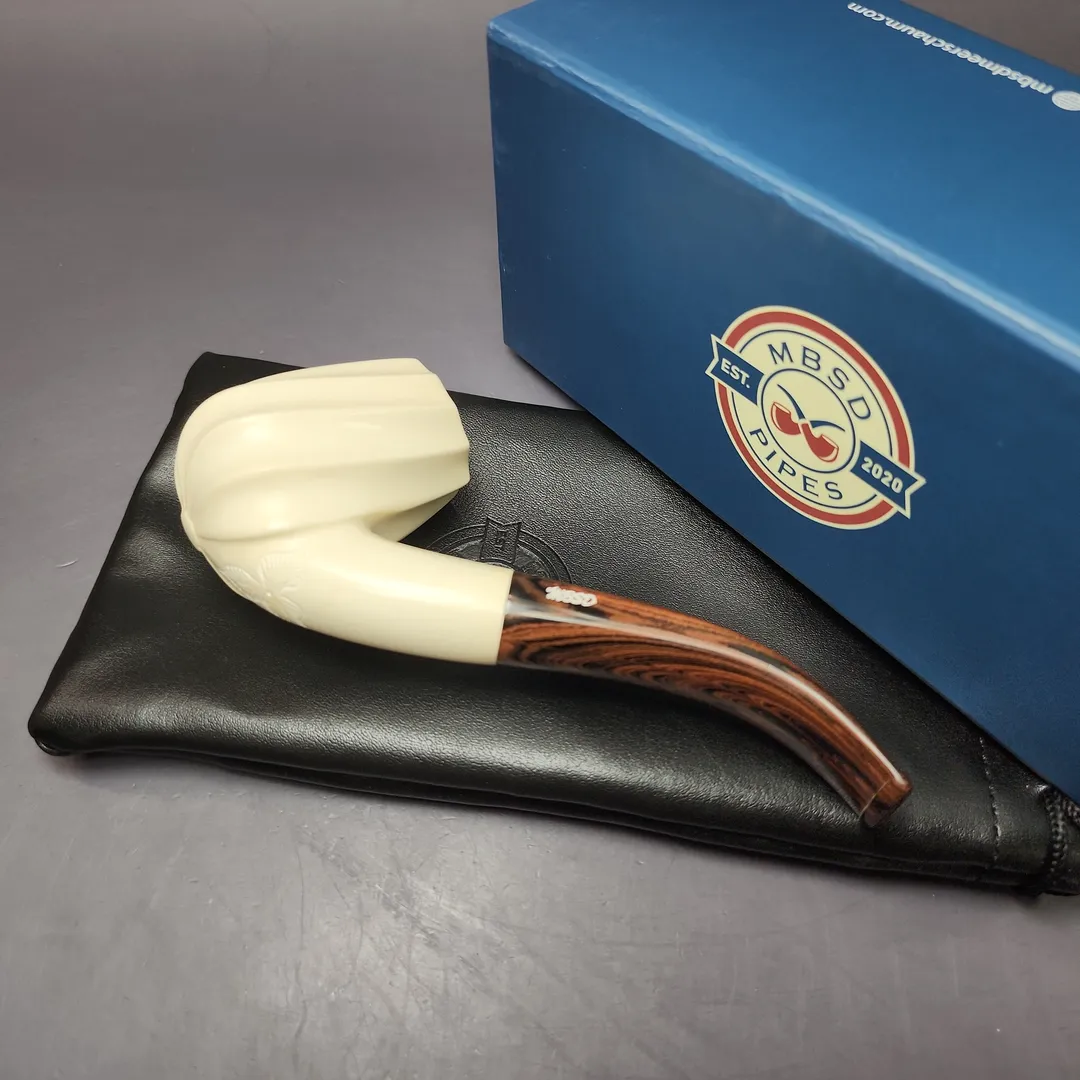 MBSD Meerschaum Deluxe Premier Spiral Carved Bent Billiard w/ Cumberland Block Meerschaum Pipe, Briar-Mortise, New - Image 2