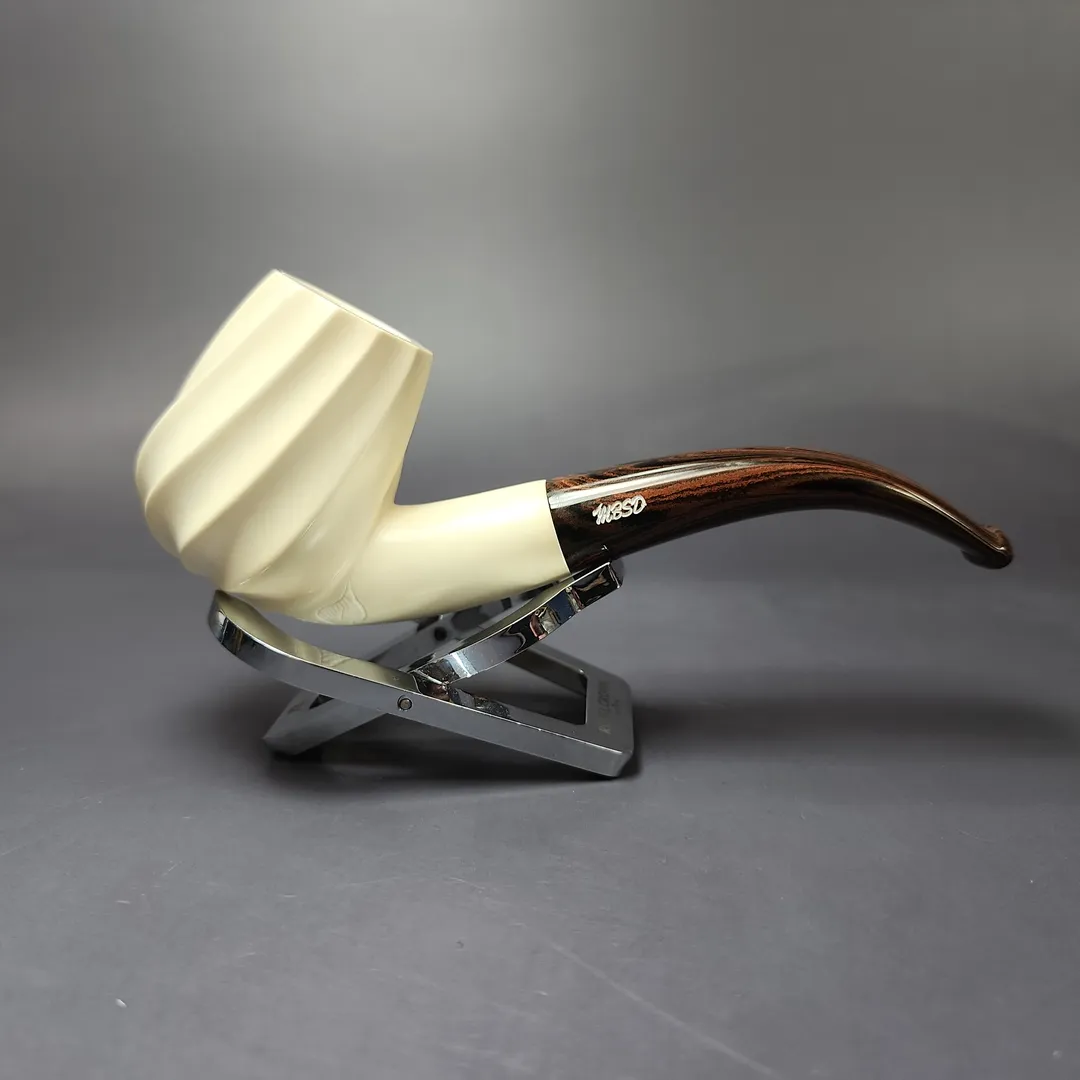 MBSD Meerschaum Deluxe Premier Spiral Carved Bent Billiard w/ Cumberland Block Meerschaum Pipe, Briar-Mortise, New - Image 3