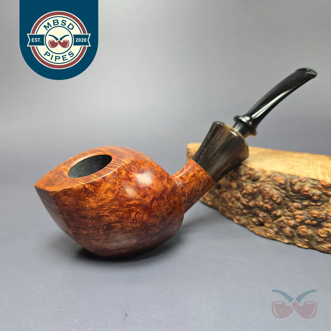Md. Angga Smooth Asymmetric Blowfish w/ Horn Handmade Briar Pipe, New