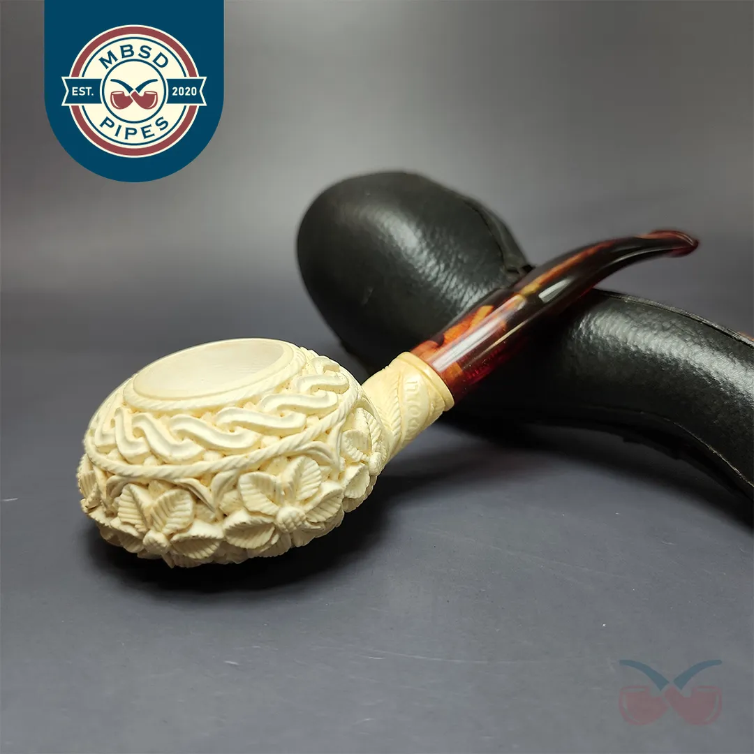Floral Carved Diplomat Estate Block Meerschaum Pipe, Unsmoked