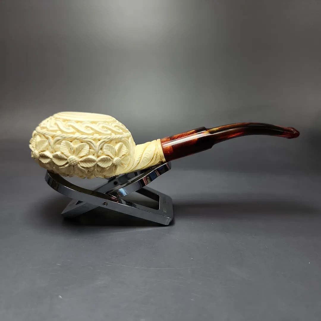 Floral Carved Diplomat Estate Block Meerschaum Pipe, Unsmoked - Image 3