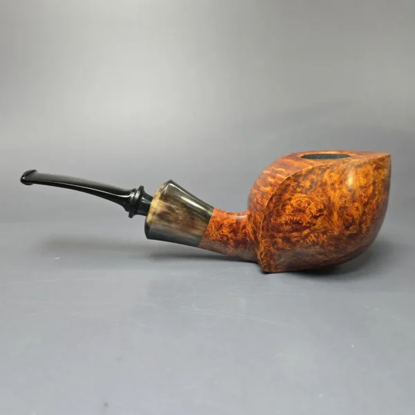 Md. Angga Smooth Asymmetric Blowfish w/ Horn Handmade Briar Pipe, New - Image 4