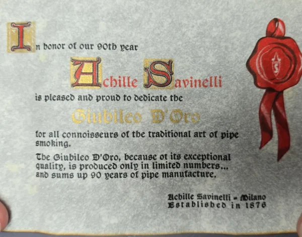 Savinelli Giubileo d'Oro 125 Smooth Pot Estate Briar Pipe, Unsmoked - Image 4