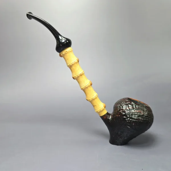 J Mouton Sandblasted Acorn Sitter w/ Bamboo Handmade Briar Pipe, New - Image 4