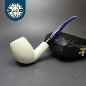Smooth Bent Billiard w/ Blue Stem & Case Estate Block Meerschaum Pipe, Unsmoked