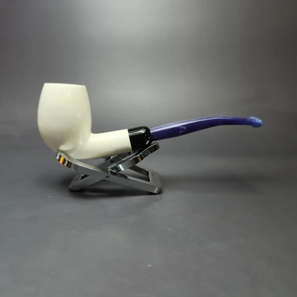 Smooth Bent Billiard w/ Blue Stem & Case Estate Block Meerschaum Pipe, Unsmoked - Image 3