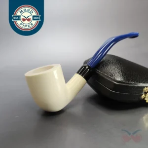 Smooth Bent Dublin w/ Blue Stem & Case Estate Block Meerschaum Pipe, Unsmoked