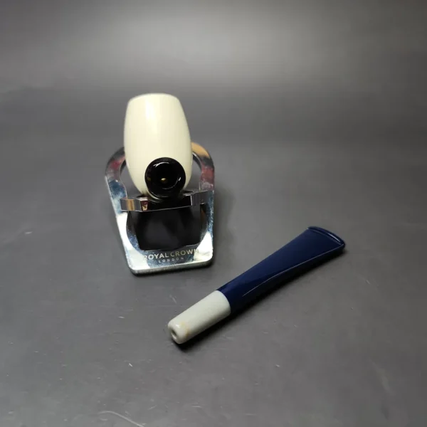 Smooth Billiard w/ Blue Stem & Case Estate Block Meerschaum Pipe, Unsmoked - Image 11