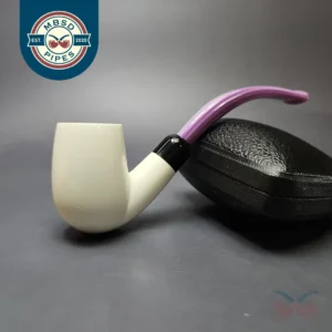Smooth Bent Billiard w/ Purple Stem & Case Estate Block Meerschaum Pipe, Unsmoked
