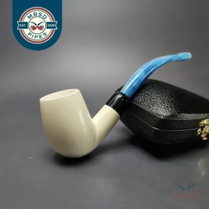 Smooth Bent Billiard w/ Blue Stem & Case Estate Block Meerschaum Pipe, Unsmoked