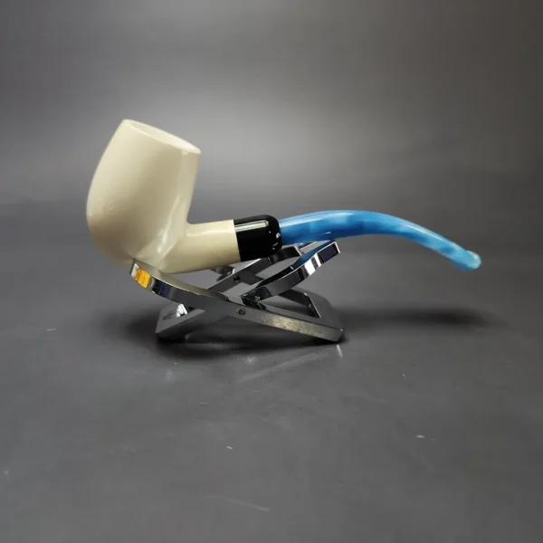 Smooth Bent Billiard w/ Blue Stem & Case Estate Block Meerschaum Pipe, Unsmoked - Image 3