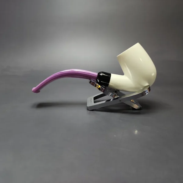 Smooth Bent Billiard w/ Purple Stem & Case Estate Block Meerschaum Pipe, Unsmoked - Image 8