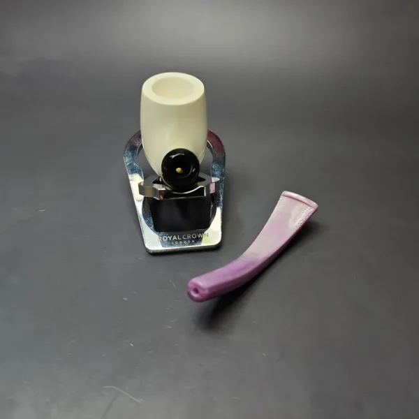 Smooth Bent Billiard w/ Purple Stem & Case Estate Block Meerschaum Pipe, Unsmoked - Image 11