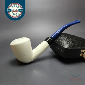 Smooth Bent Dublin w/ Blue Stem & Case Estate Block Meerschaum Pipe, Unsmoked