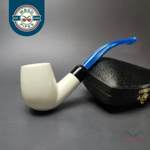 Smooth Bent Billiard w/ Blue Stem & Case Estate Block Meerschaum Pipe, Unsmoked