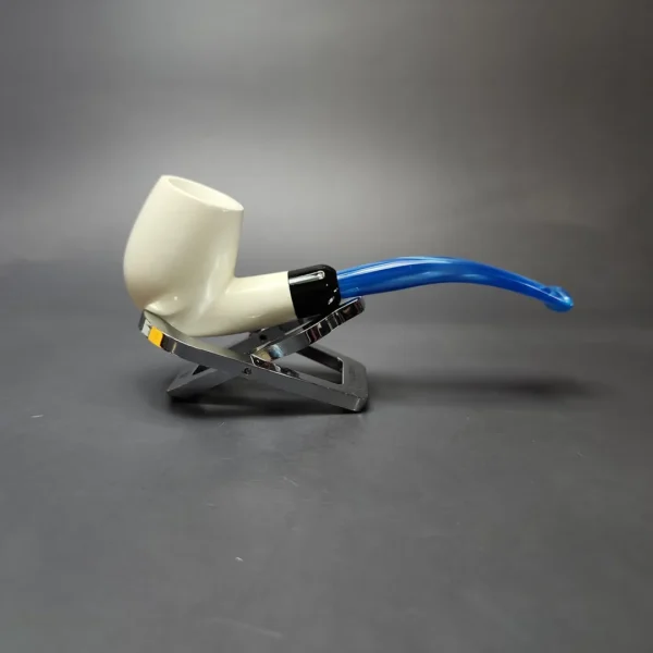 Smooth Bent Billiard w/ Blue Stem & Case Estate Block Meerschaum Pipe, Unsmoked - Image 3