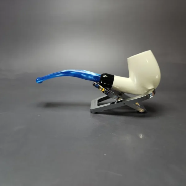Smooth Bent Billiard w/ Blue Stem & Case Estate Block Meerschaum Pipe, Unsmoked - Image 8