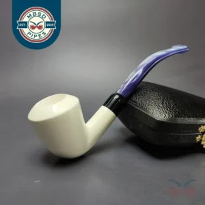 Smooth Bent Dublin w/ Blue Stem & Case Estate Block Meerschaum Pipe, Unsmoked