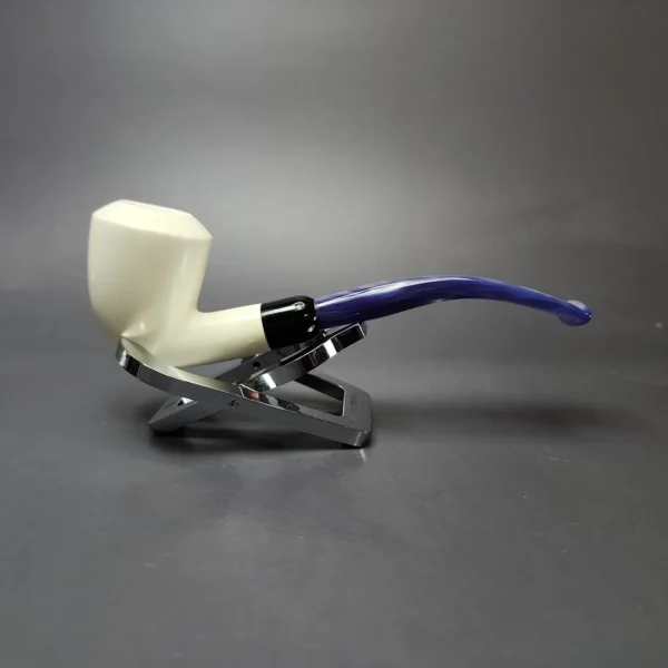 Smooth Bent Dublin w/ Blue Stem & Case Estate Block Meerschaum Pipe, Unsmoked - Image 3