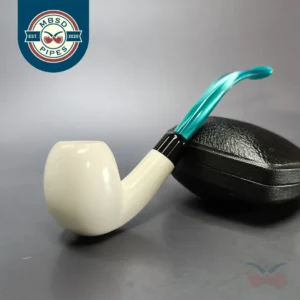 Smooth Bent Apple w/ Blue Stem & Case Estate Block Meerschaum Pipe, Unsmoked