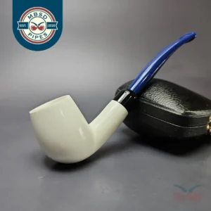 Smooth Bent Billiard w/ Blue Stem & Case Estate Block Meerschaum Pipe, Unsmoked