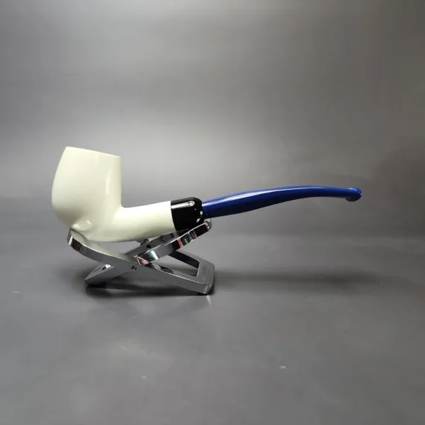 Smooth Bent Billiard w/ Blue Stem & Case Estate Block Meerschaum Pipe, Unsmoked - Image 3