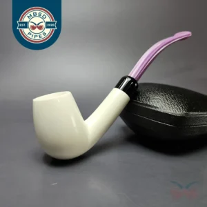 Smooth Bent Billiard w/ Purple Stem & Case Estate Block Meerschaum Pipe, Unsmoked